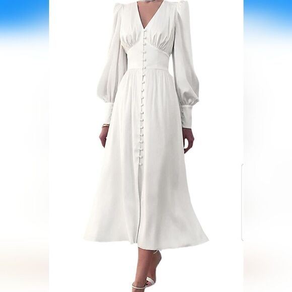 Spring Women White Dress V-neck Lantern Sleeve Dress Slim Solid Dress Mid-nwot - Picture 4 of 15